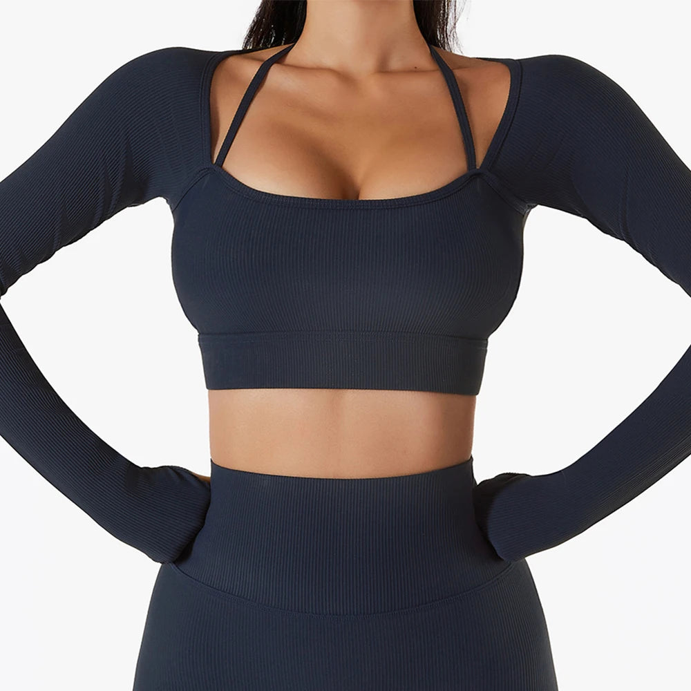 Women's Nylon Square-Neck Long Sleeves Fitness Workout Crop Top