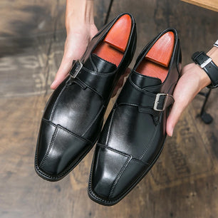 Men's Split Leather Square Toe Buckle Strap Closure Wedding Shoes