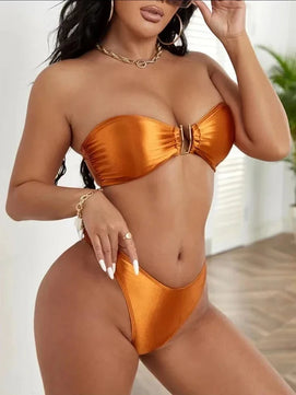 Women's Nylon Mid Waist Swimwear Solid Pattern Trendy Bikini Set