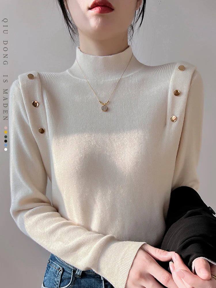 Women's Acrylic High-Neck Full Sleeves Pullover Solid Sweater