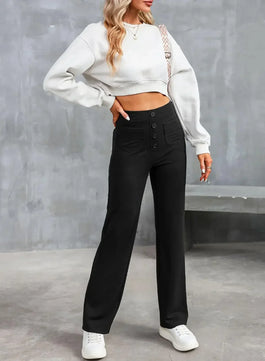 Women's Polyester High Waist Button Fly Closure Casual Trousers