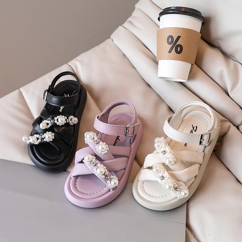 Baby's Round Open Toe Rhinestone Pattern Hook Loop Closure Sandals