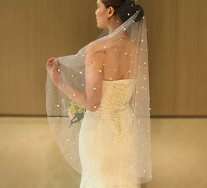 Women's Polyester Cut Edge One-Layer Pearl Bridal Wedding Veils