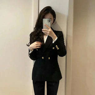 Women's Cotton Notched Long Sleeves Double Breasted Blazer