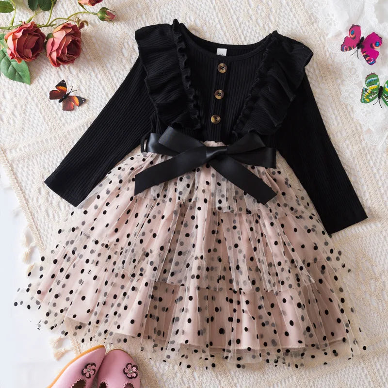 Kid's Girl Polyester O-Neck Long Sleeves Polka Dot Princess Dress