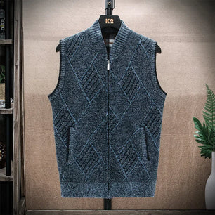 Men's Wool V-Neck Sleeveless Zipper Casual Wear Knitted Sweater