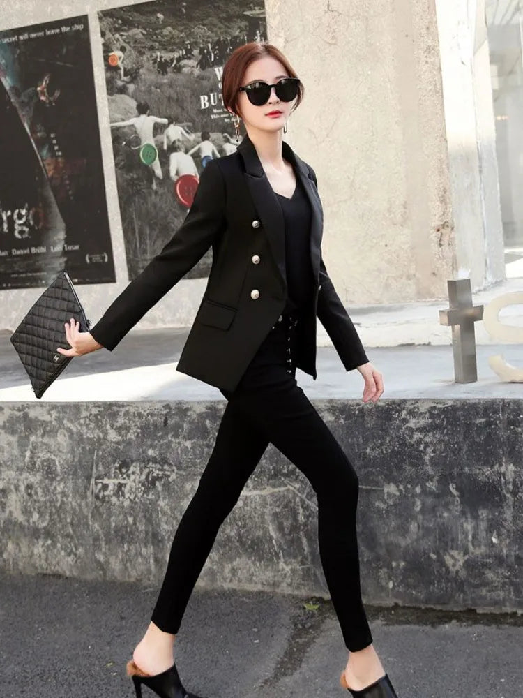 Women's Polyester Notched Full Sleeves Double Breasted Blazer