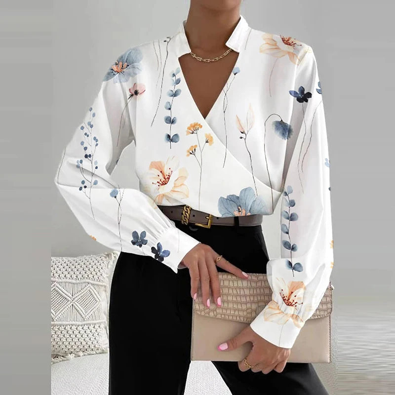 Women's Polyester V-Neck Long Sleeves Floral Pattern Blouse