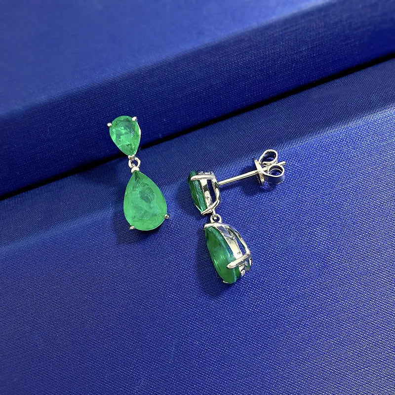 Women's 100% 925 Sterling Silver Emerald Water Drop Earrings