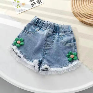 Kid's Girl Cotton Elastic Closure Mid Waist Floral Denim Shorts