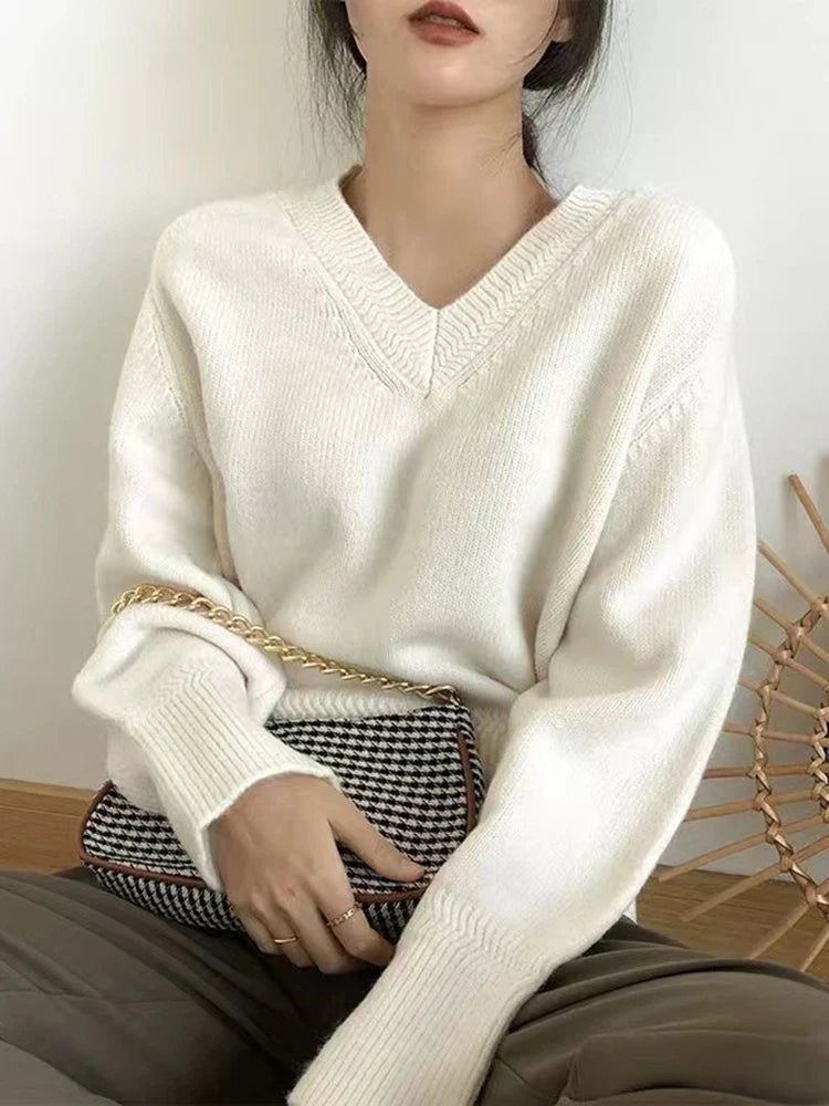 Women's Acrylic V-Neck Full Sleeves Solid Pattern Pullovers Sweater