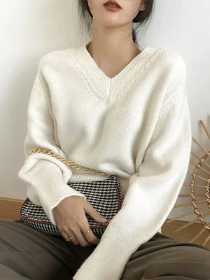 Women's Acrylic V-Neck Long Sleeve Solid Pattern Casual Sweater