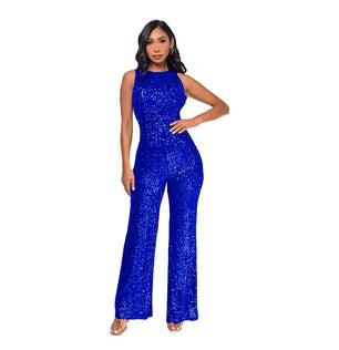 Women's Polyester O-Neck Sleeveless Sequined Pattern Jumpsuit