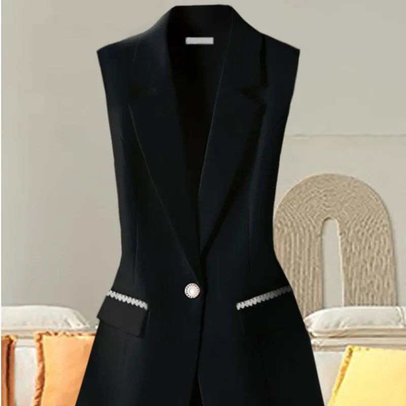 Women's Cotton Notched Sleeveless Single Breasted Casual Blazer