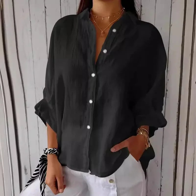 Women's Polyester Turn-Down Collar Long Sleeves Solid Blouse