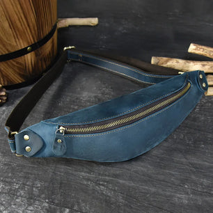 Men's Genuine Leather Solid Pattern Zipper Closure Waist Pack