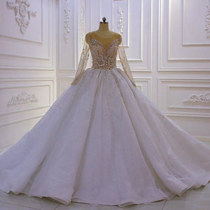 Women's V-Neck Long Sleeves Court Train Bridal Wedding Dress