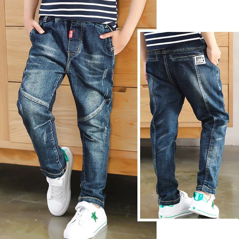 Kid's Cotton Mid Waist Elastic Closure Casual Wear Denim Pants