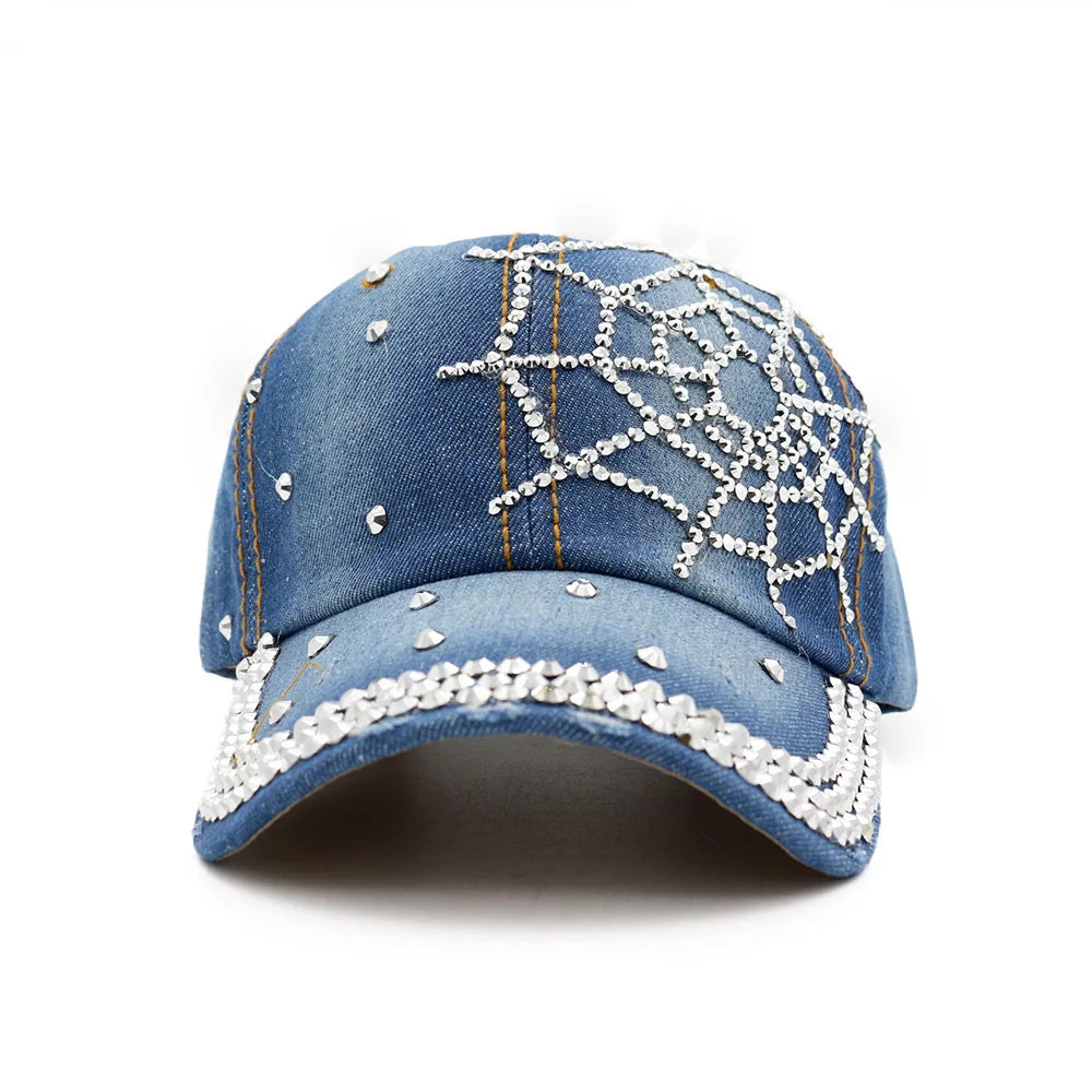 Women's Denim Spider Pattern Casual Wear Rhinestone Baseball Cap