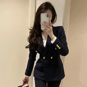 Women's Polyester Notched Full Sleeves Double Breasted Blazer