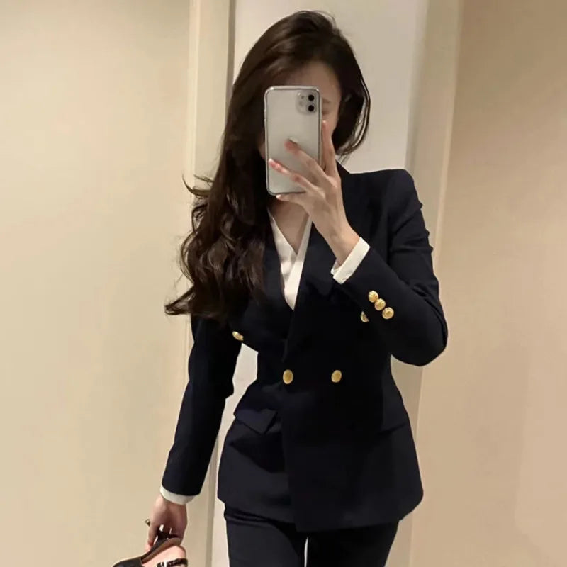 Women's Cotton Notched Long Sleeves Double Breasted Blazer