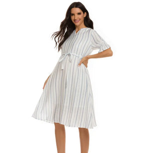 Women's Polyester V-Neck Short Sleeves Striped Maternity Dress