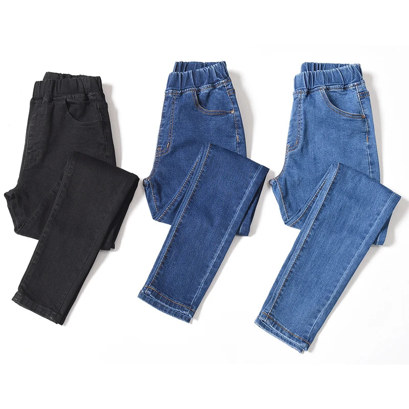 Women's Cotton Mid Elastic Waist Closure Full Length Denim Pants