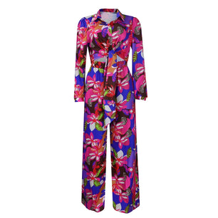 Women's Polyester Turn-Down Collar Long Sleeves Printed Jumpsuit