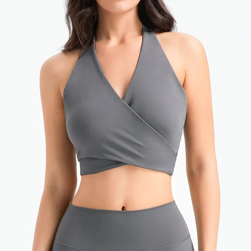 Women's Nylon V-Neck Sleeveless Solid Pattern Yoga Crop Top