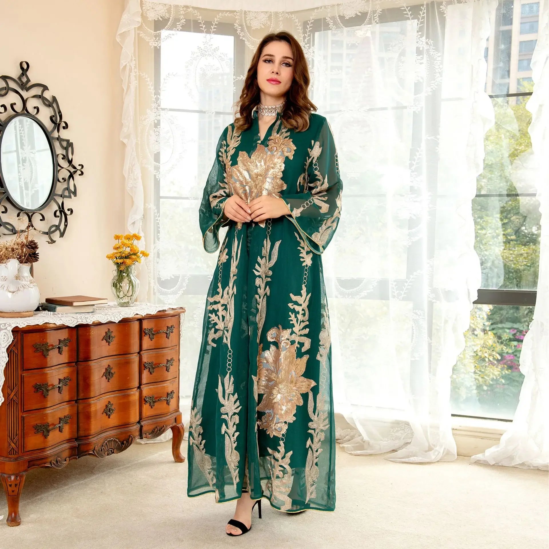 Women's Arabian Polyester Full Sleeve Sequined Pattern Casual Dress