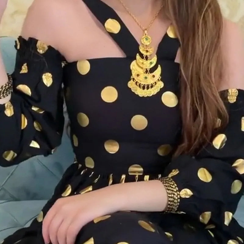 Women's Polyester V-Neck Long Sleeve Dotted Pattern Party Dress