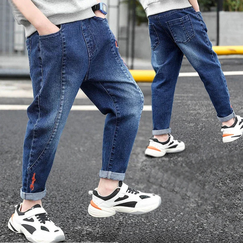 Kid's Cotton Mid Elastic Waist Closure Casual Wear Denim Pants