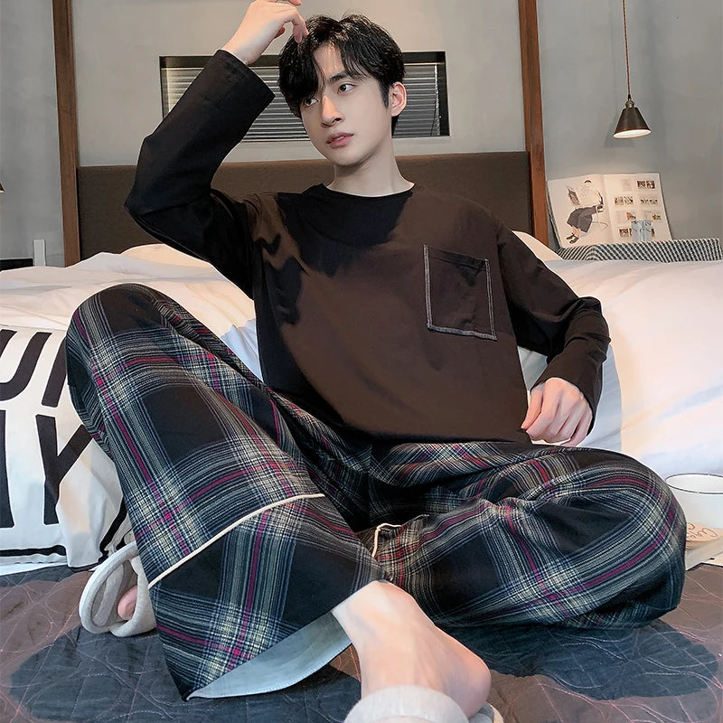 Men's Cotton O-Neck Long Sleeves Trendy Sleepwear Pajamas Set