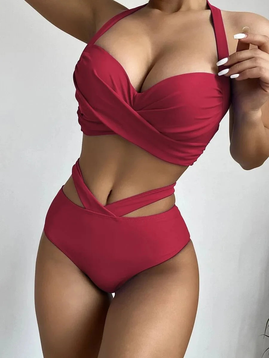 Women's Polyester High Waist Solid Pattern Swimwear Bikini Set