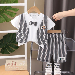 Kid's Boys Cotton O-Neck Short Sleeves Striped Casual Clothes