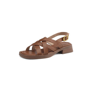 Women's Genuine Leather Square Toe Buckle Strap Closure Sandals