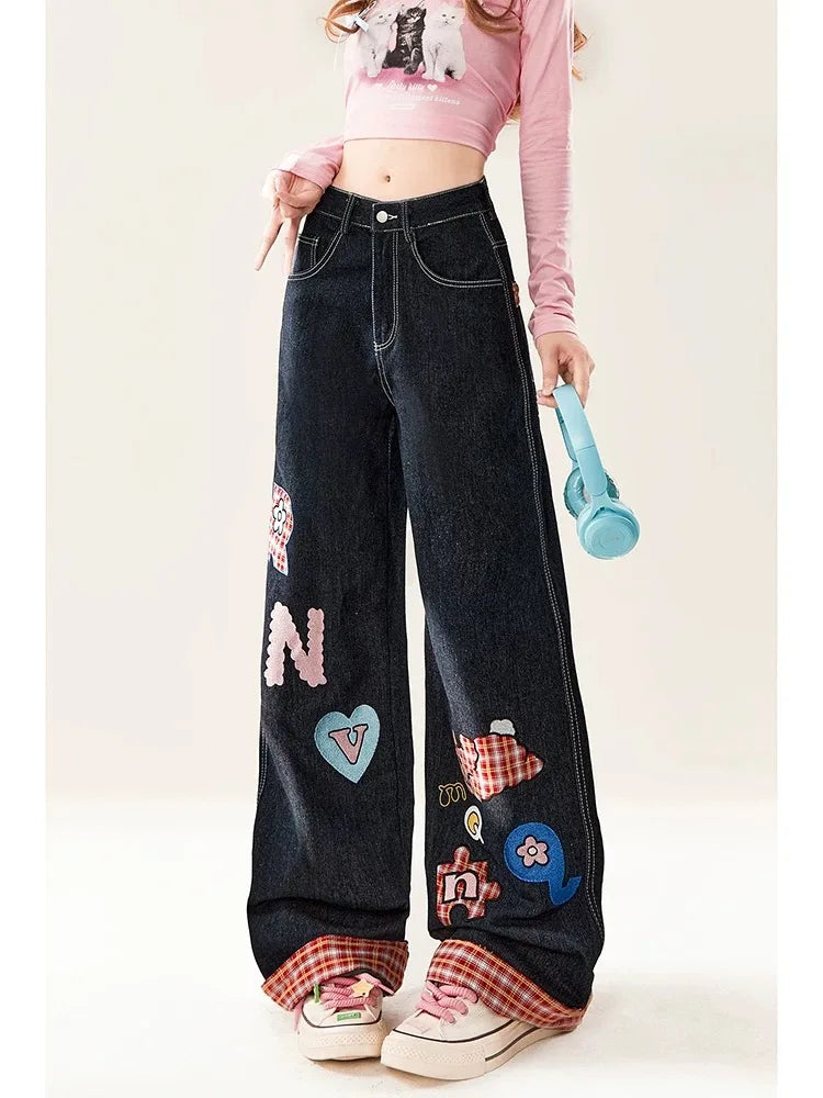 Women's Cotton High Waist Zipper Fly Closure Letter Pattern Trousers