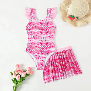 Kid's Nylon O-Neck Printed Pattern Trendy Bathing Swimwear Suit