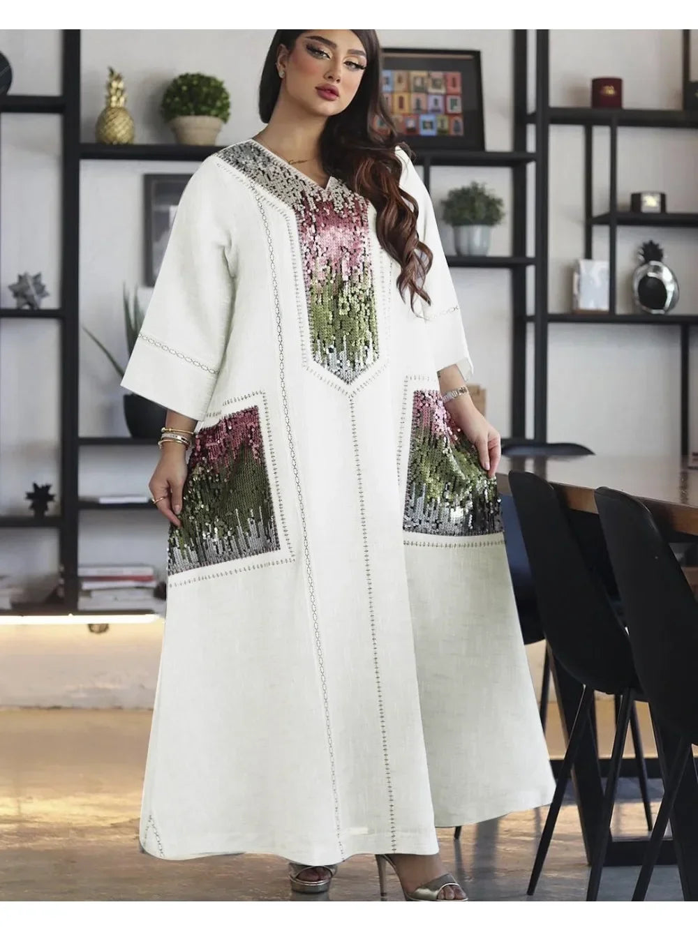 Women's Arabian Polyester Full Sleeve Sequins Pattern Casual Dress