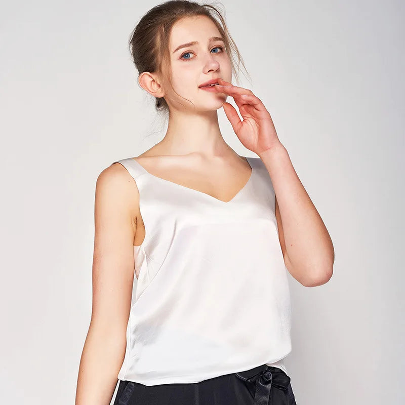 Women's Silk V-Neck Sleeveless Solid Pattern Casual Wear Tops