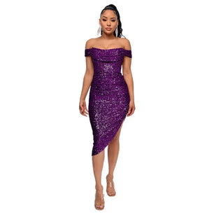 Women's Polyester Square-Neck Sequined Pattern Party Wear Dress