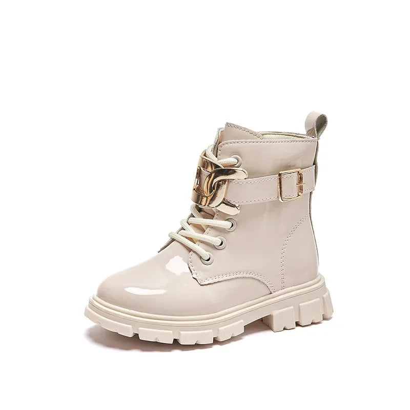 Kid's PU Leather Non-Slip Round Toe Lace-Up Closure Casual Boots