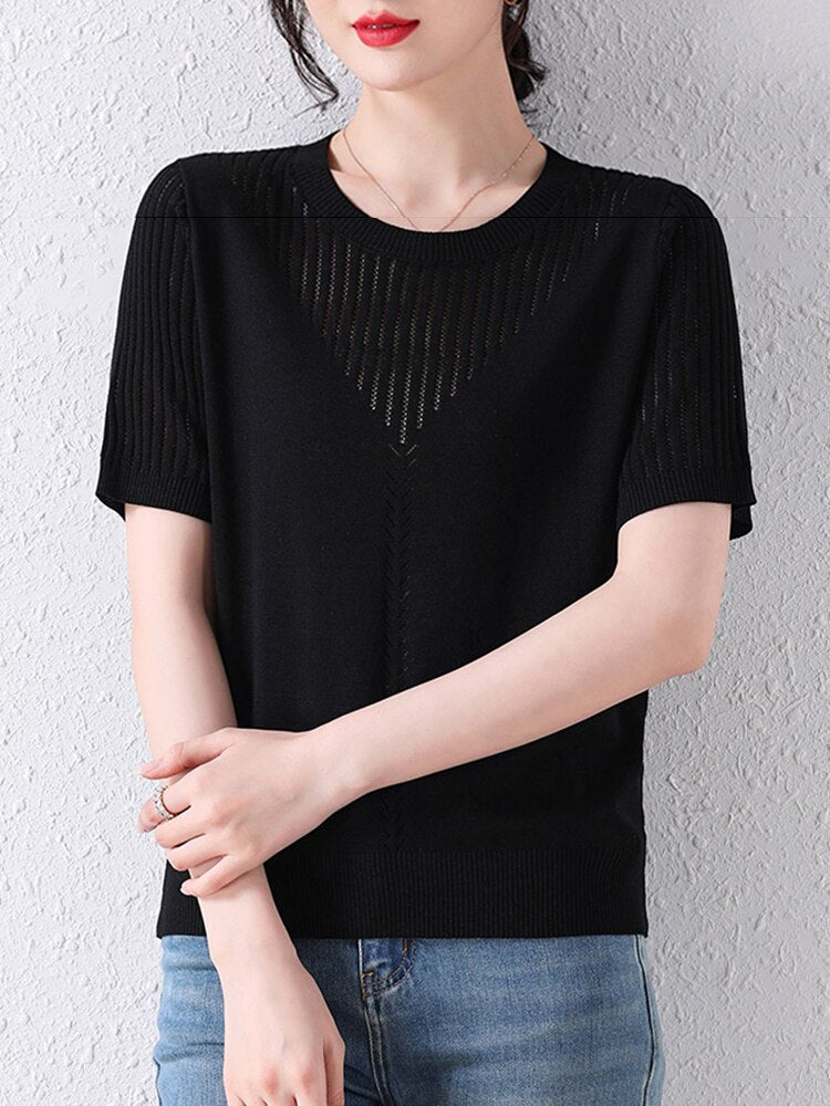 Women's Cotton O-Neck Short Sleeves Hollow Out Pullover Sweaters