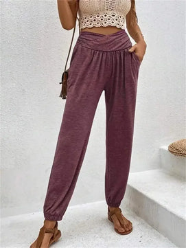 Women's Polyester Elastic Closure High Waist Casual Wear Trousers