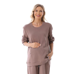 Women's Cotton O-Neck Long Sleeve Solid Pattern Maternity Dress