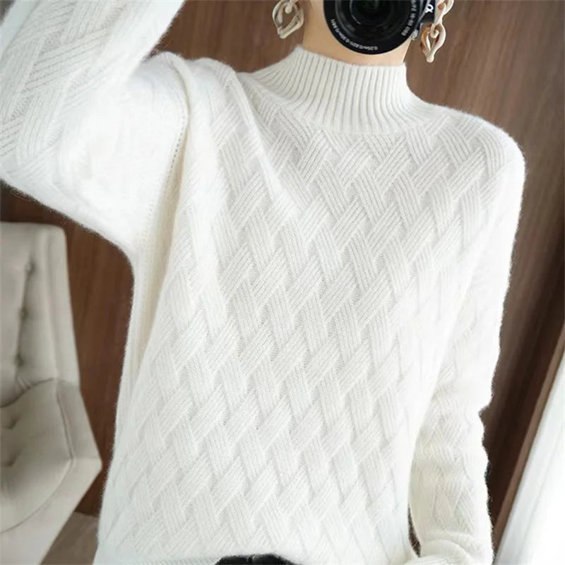 Women's Acrylic Mock-Neck Full Sleeves Knitted Pattern Sweater