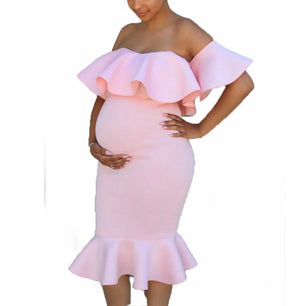 Women's Polyester Shoulderless Short Sleeve Solid Maternity Dress