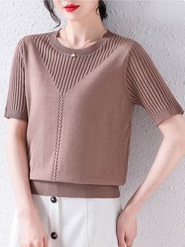 Women's Cotton O-Neck Short Sleeves Hollow Out Pullover Sweaters