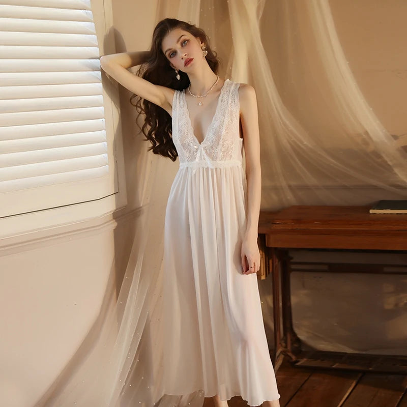 Women's Polyester V-Neck Sleeveless Patchwork Casual Nightwear Gown