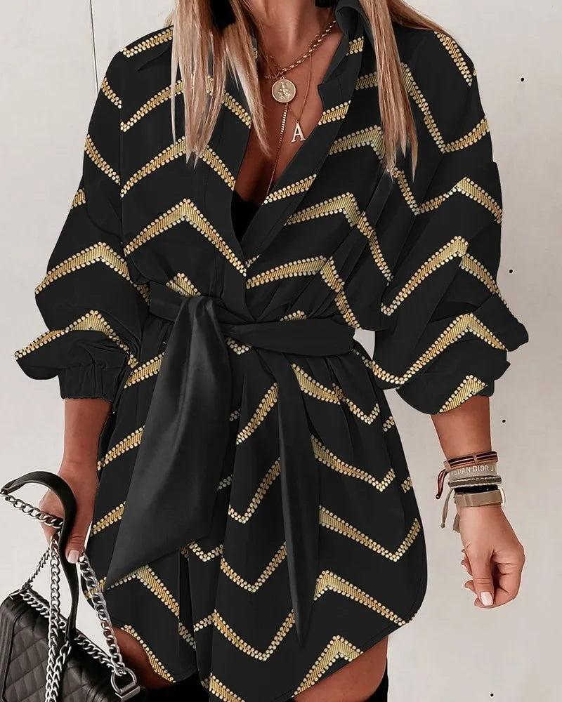 Women's Polyester Turn-Down Collar Long Sleeve Printed Dress